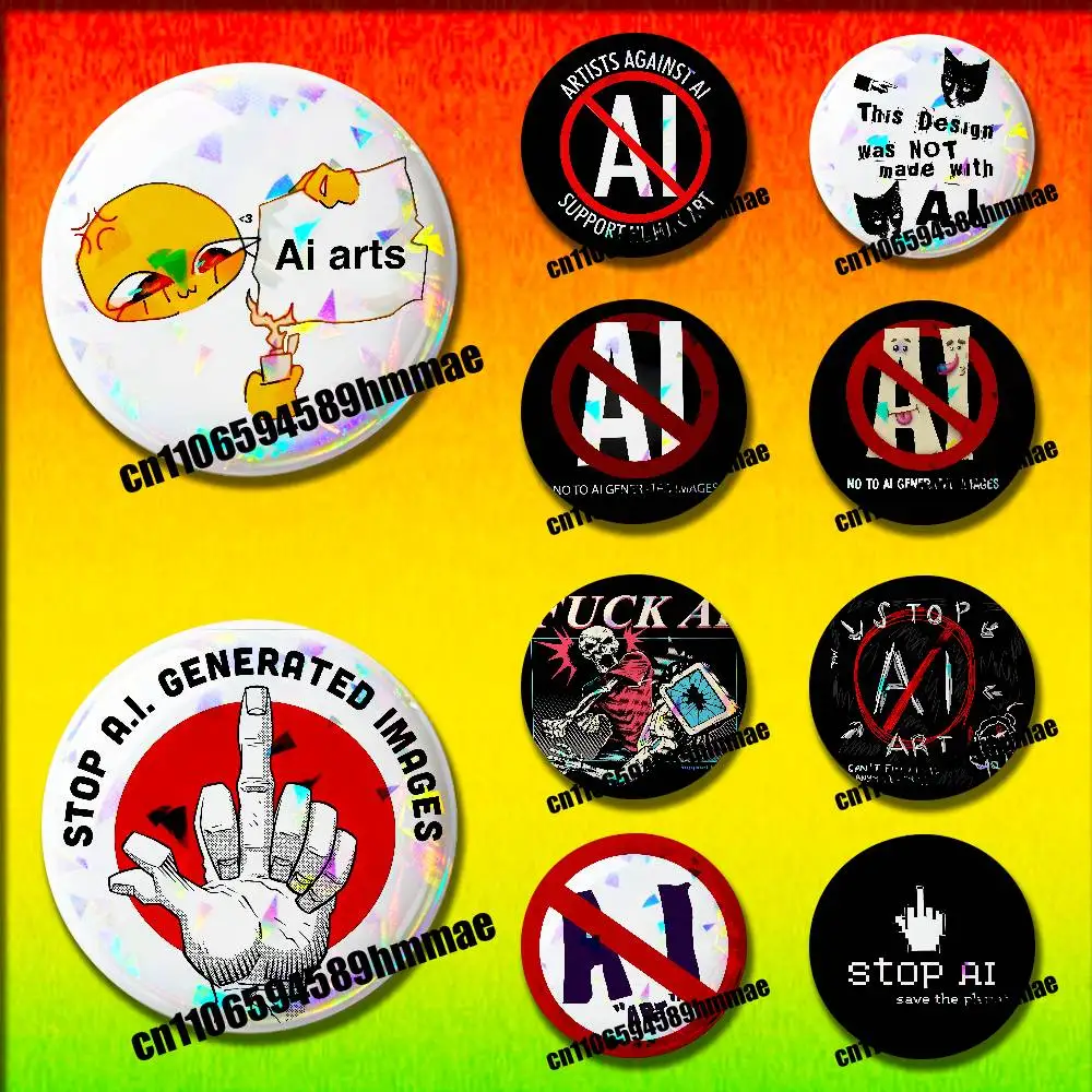 

FOR STOP AI Against AI Support Human Art Emblem Round Pins Insignia Badge Cover Ornament 75mm Cosplay Brooch Button
