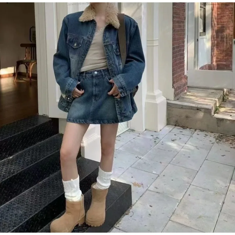 

Korean Version Retro Loose and Thin Velvet Denim Jacket Skirt Two-piece Set Women's Winter New