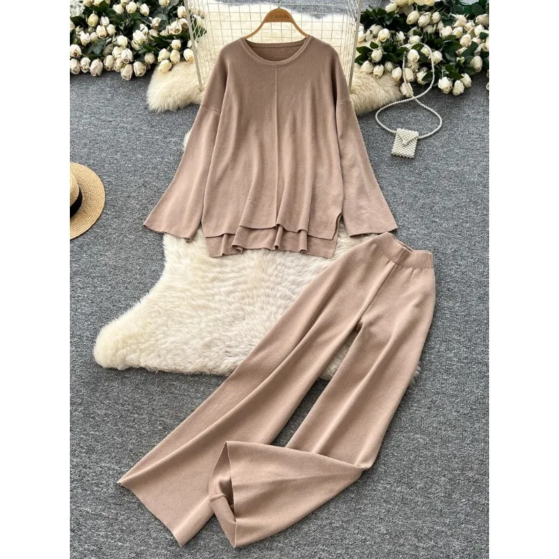 

Knitted Long-sleeved Round Neck Sweater Tops with High Waist Slim Down with Wide Legs and Slim Long Pants for Suit Women Autumn