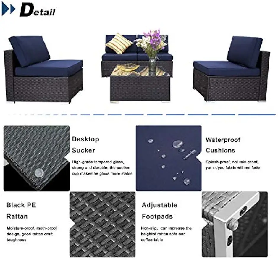 Pátio PE Rattan Wicker Sofa Set, Outdoor Sets móveis secionais com almofadas do sofá, 2 travesseiro e mesa de chá, 5 pcs
