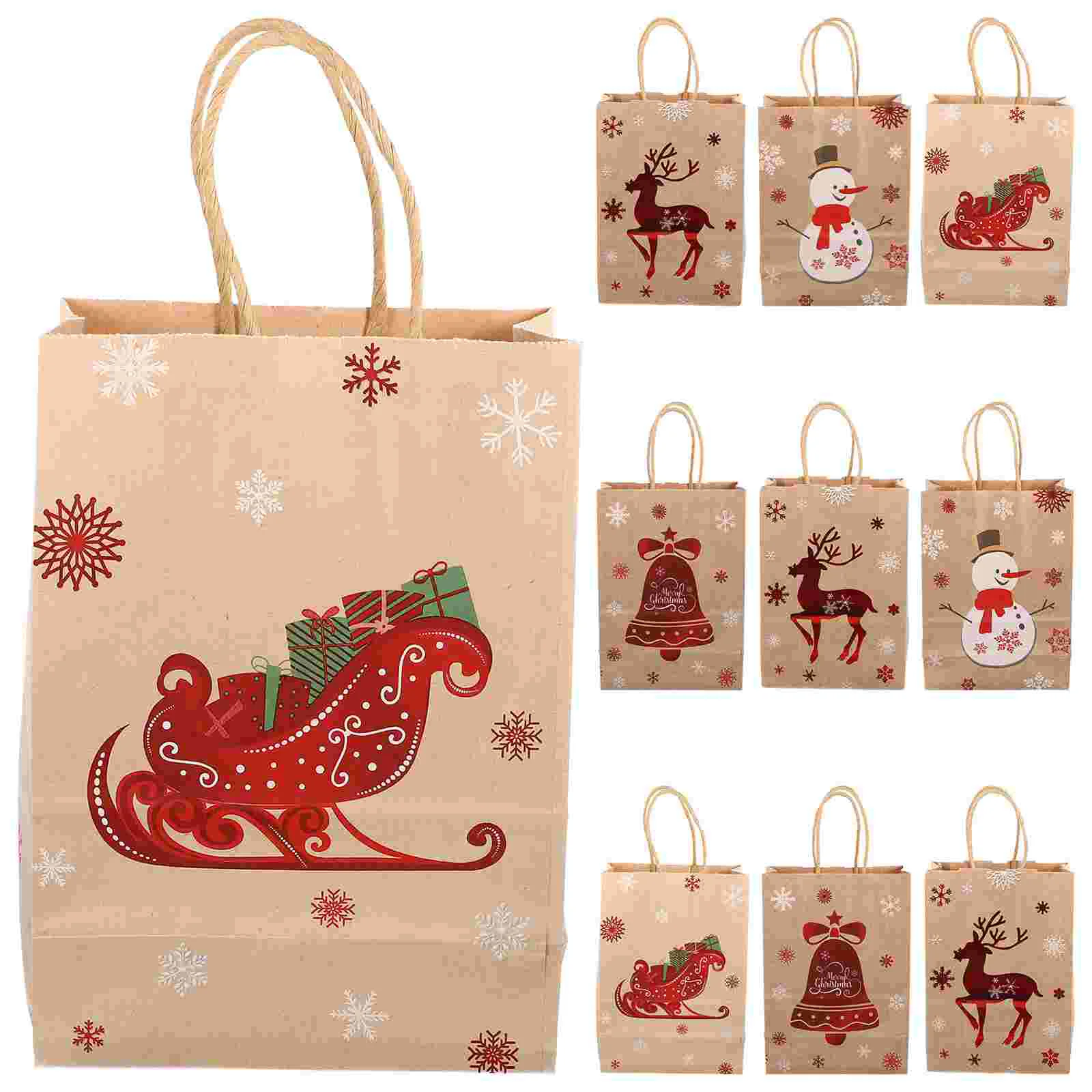 10 Pcs Christmas Bag Tote Candy Toy Gift Holiday Paper Bags Wrapping Storage for Large with Handles Father Baby Brown