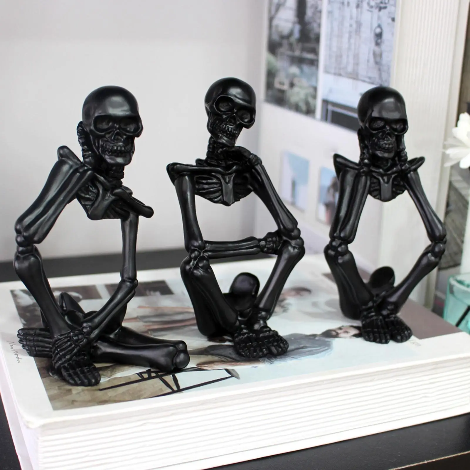 Skull Figurine 3 Pieces Resin Black Spooky Funny Sitting Pose Skulls Halloween Decor Set for Living Room Bedroom Entryway Desk