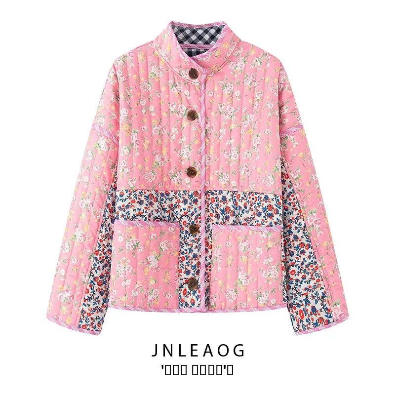 

Double-Sided Wear Plaid Floral Cotton Jaet Street Sle Straight Cut Long Sve Zipper Closure round Ne Pure Color Women...