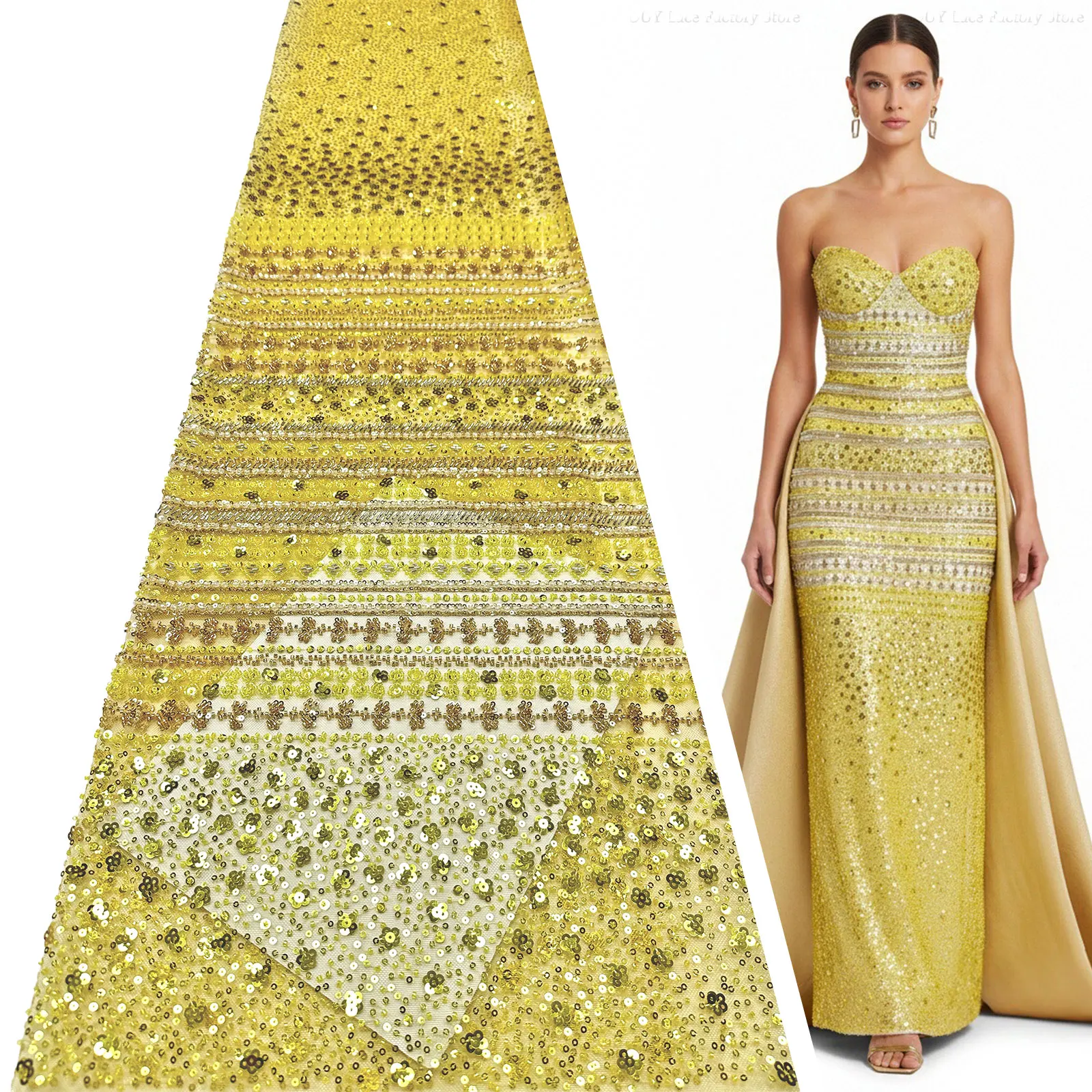 

Yellow African Beaded Sequins Lace Fabric 2026 Exclusive Design Nigerian Tulle Lace Fabric For Women Wedding Dress Sewing 5Yards