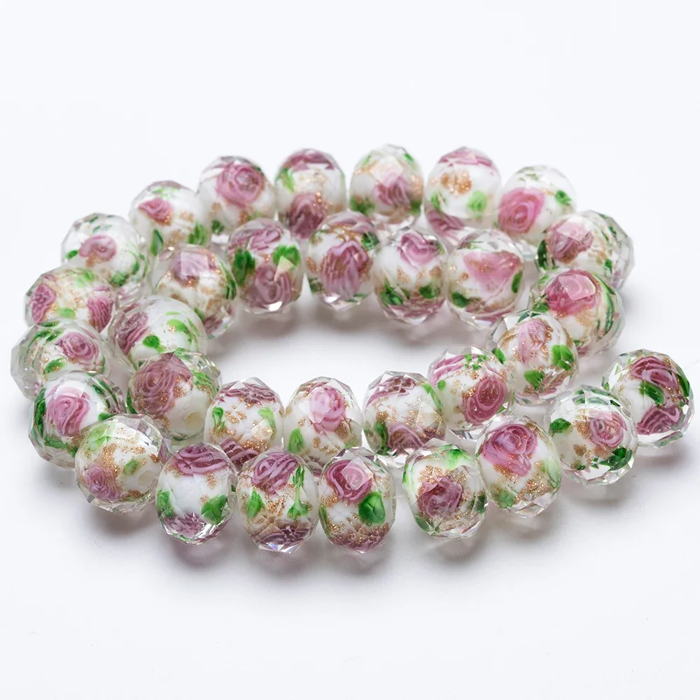 8 10 12MM Murano Lampwork Rondelle Beads Faceted Rose Flower Glass Bead Loose Spacer Beads for Bracelet Neacklace Jewelry Making