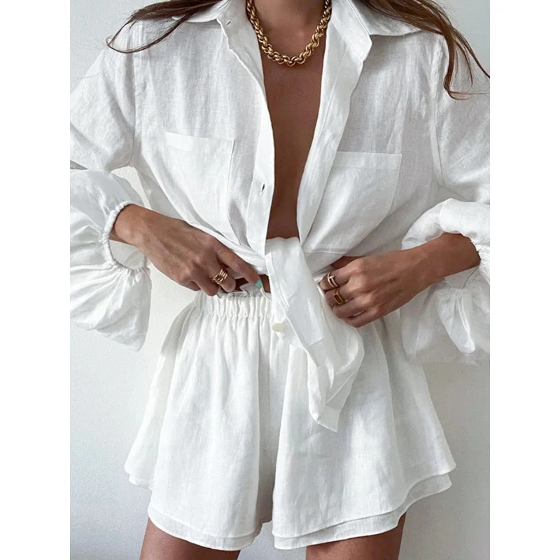 Summer Linen Ruffle Shorts Sets Women 2 Pieces 2024 Lantern Sleeve White Tops Loose Elastic Waist Shorts Suits Vacation