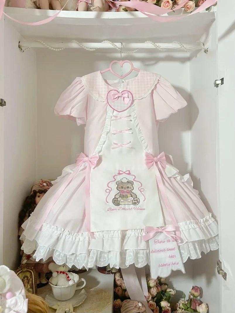 

2025 Original Cake Bear Lolita Dress Sweet Cute Short Sleeve Kawaii Bow Princess Lo Dress for Girl New Autumn Women