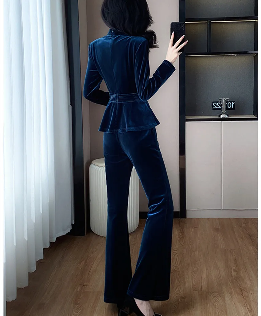New Autumn Winter Office OL Velvet Pants Two Piece Set Elegant Women V Neck Ruffles Gold Foral Tops + Velour Flare Trousers Suit