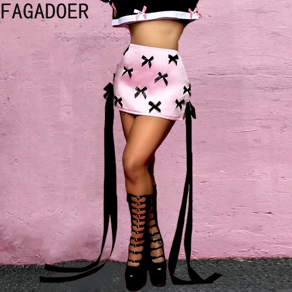 

FAGADOER Pink Summer New Sweet Y2K Bow Lace Up Design Mini Skirts Women High Waisted Slim Skirts Fashion Female Trend Bottoms