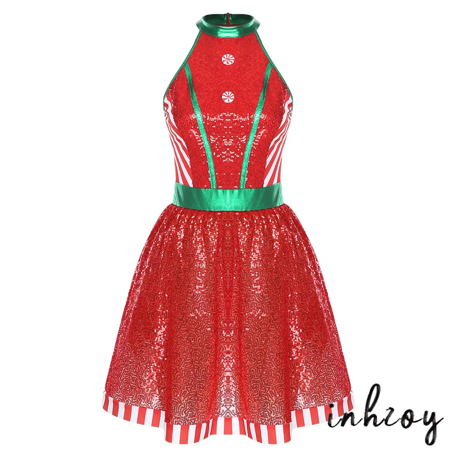 

Women Christmas Party Candy Cane Costume Sleeveless Sequins Striped Tutu Dress Xmas Dance Dress Figure Skating Bodysuit
