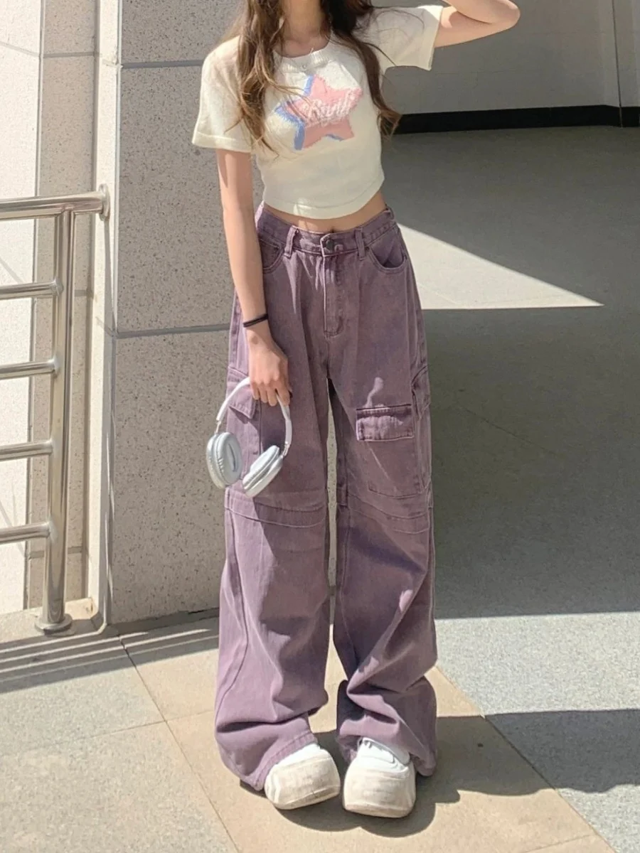 

Американские ретро-джинсы фиолетового цвета, широкие брюки с высокой талией, женские, больших размеров, летние, свободного кроя, повседневные штаны