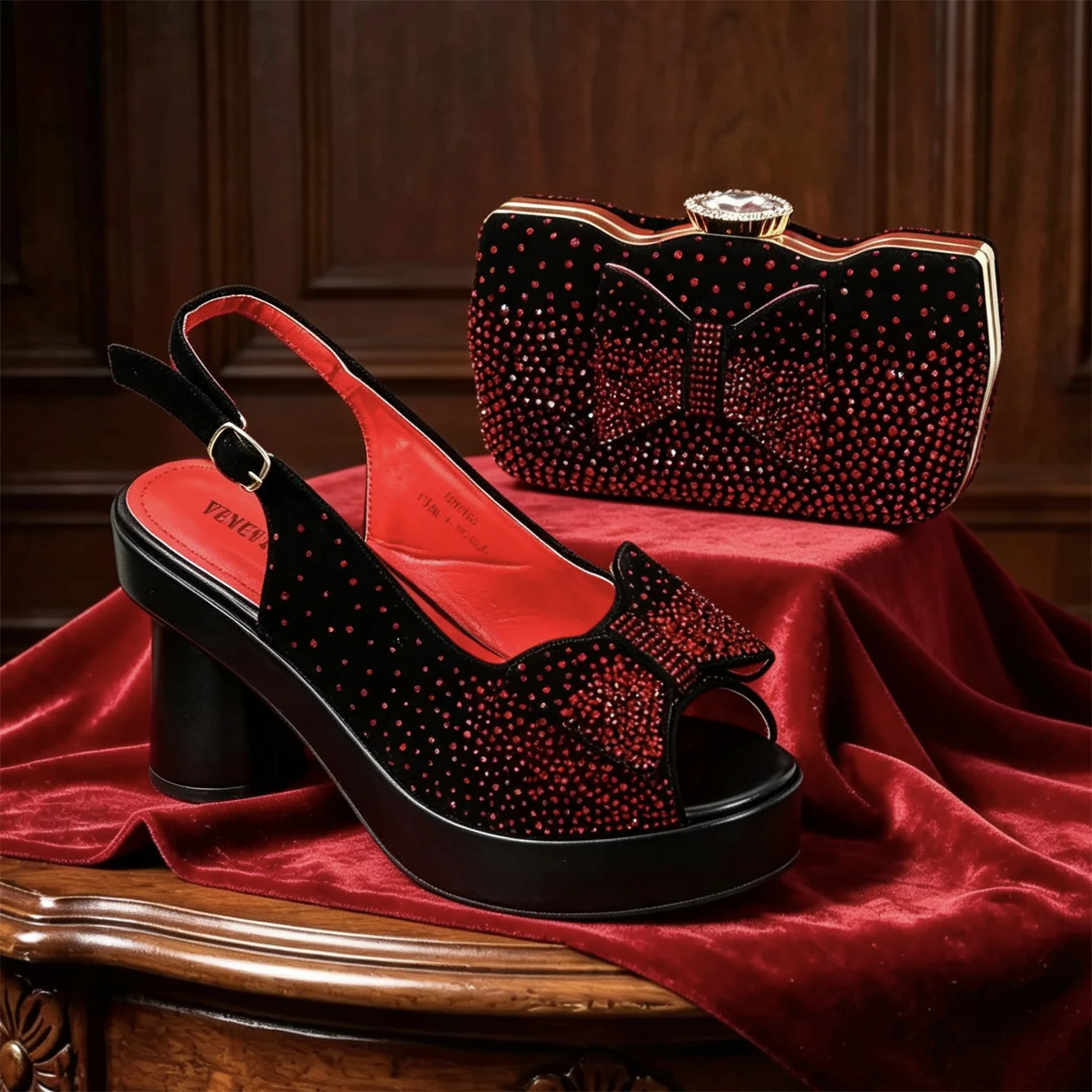 Elegante Schwarze Damen-Sandalen mit Blockabsatz, Plateau, Peeptoe und Strass-Verzierung & Clutch-Tasche Set für Hochzeit, Party und Abendveranstaltungen – Detail 3