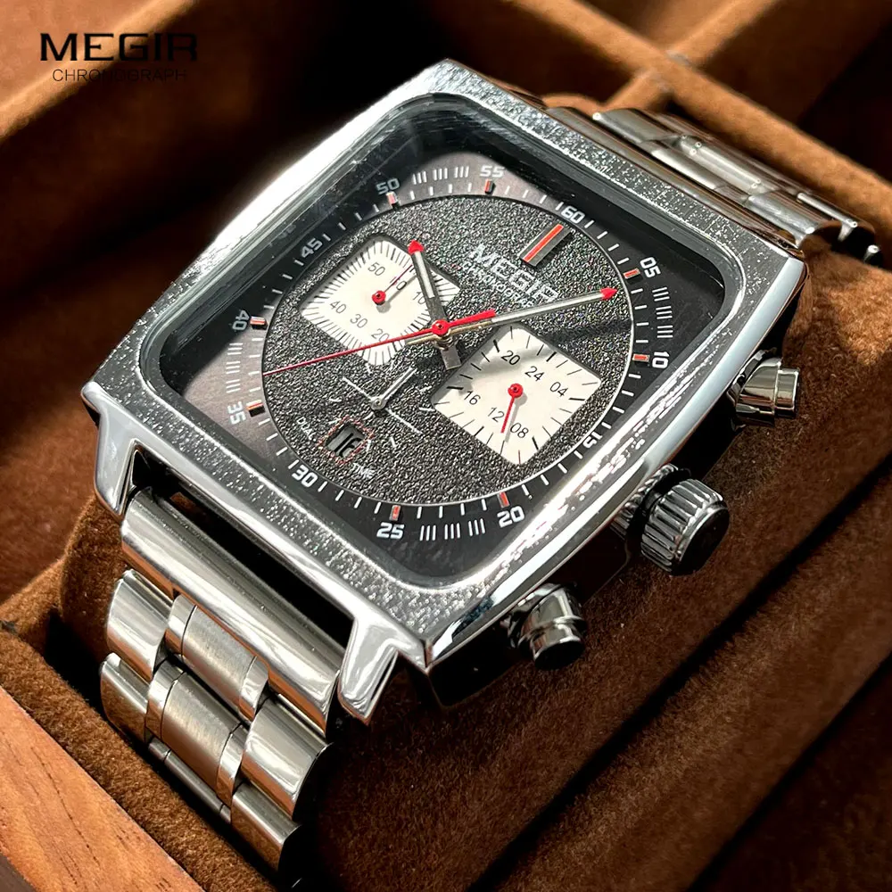 MEGIR Square Dial Quartz Watch Men Stainless Steel Strap Chronograph Sport Wristwatch with Date Luminous Hands 24-hour Indicator