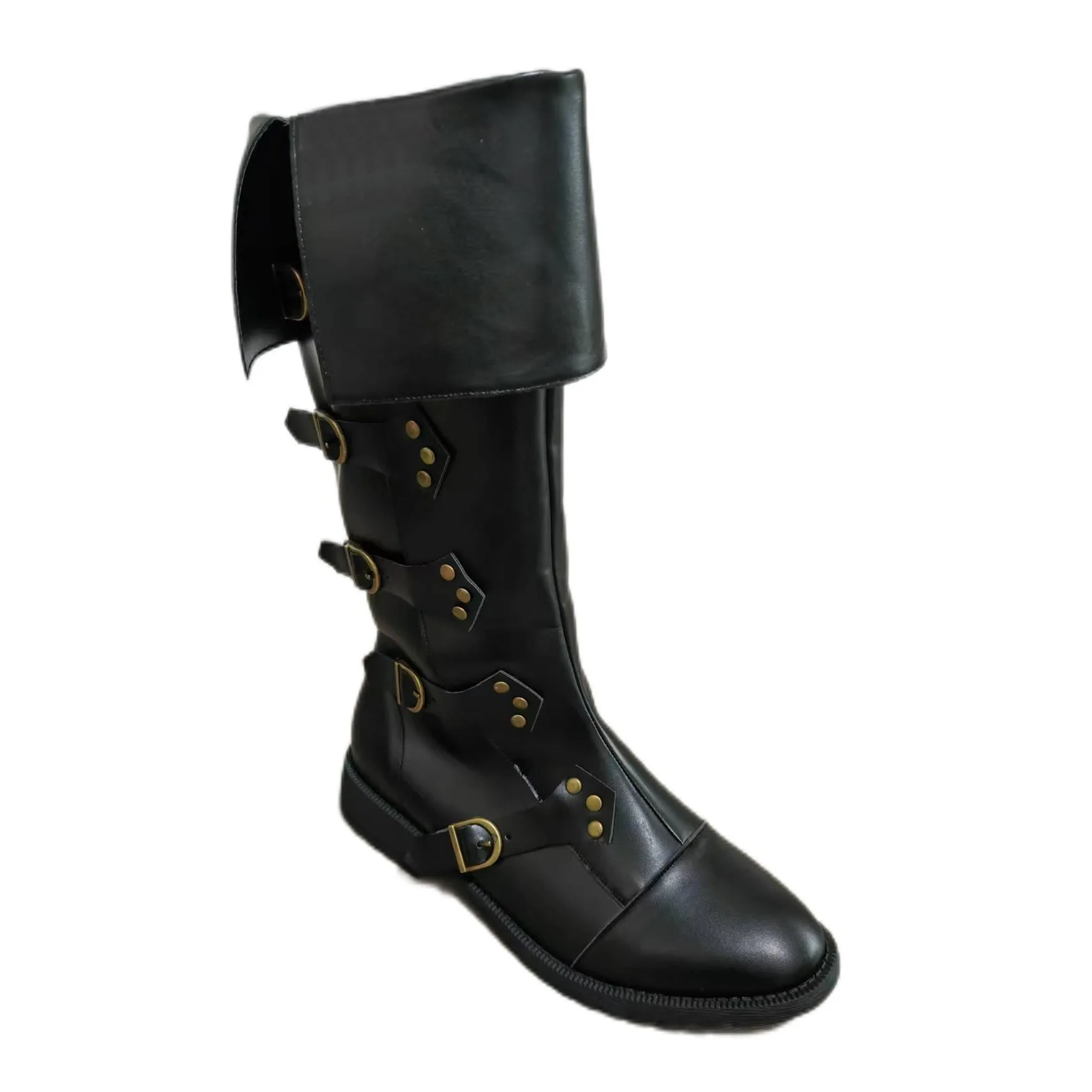 Unisex Vintage Piratenstiefel mit Manschette, vier Schnallen, kniehoch, Steampunk, Halloween, Karneval, Cosplay, Bühnenkostüm, Schuhwerk – Detail 6