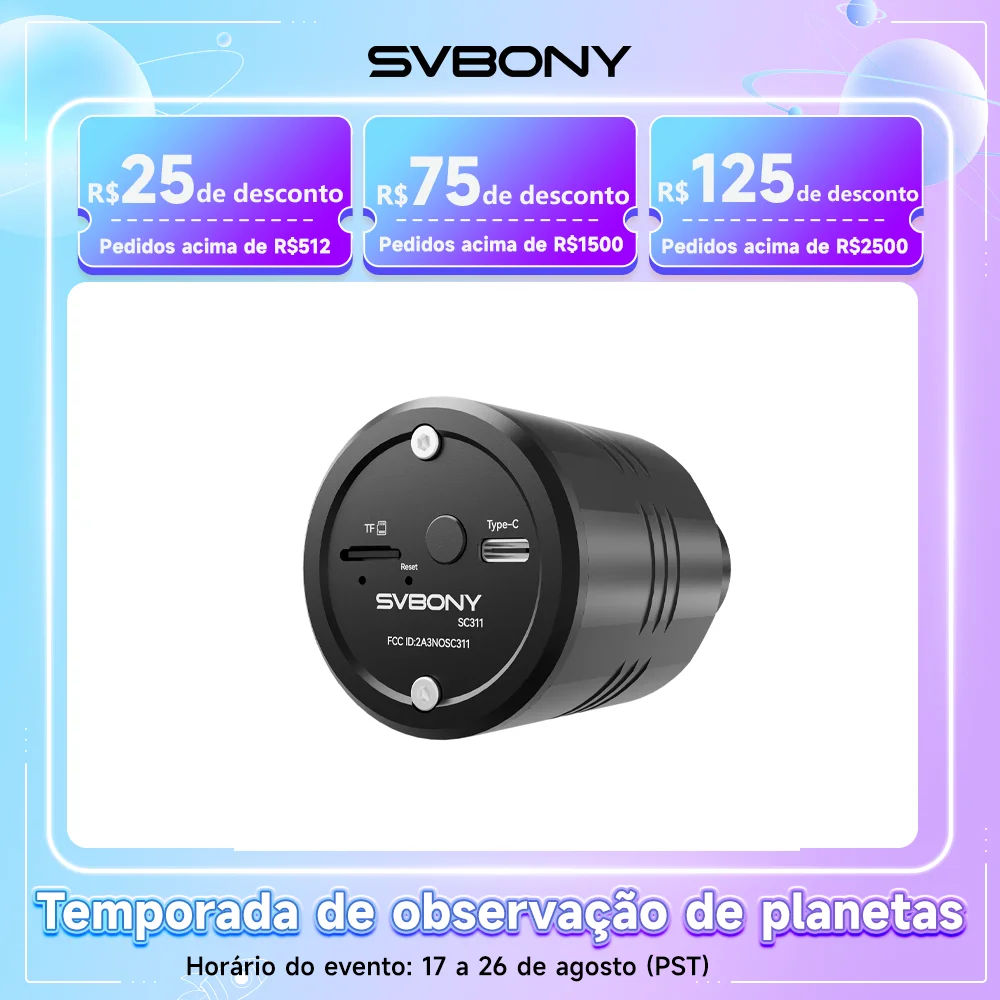 Câmera Astronômica WiFi SVBONY SC311 Atualizada, Câmera Planetária com Saída Sem Perdas RAW/FITS, Ideal para Fotografia Planetária