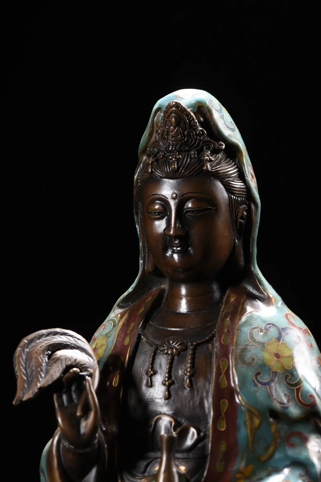 

18"Old Bronze Cloisonn Enamel Floral Pattern Amitabha Willow Leaf Guanyin Bodhisattva Standing Buddha Worship Hall Town house