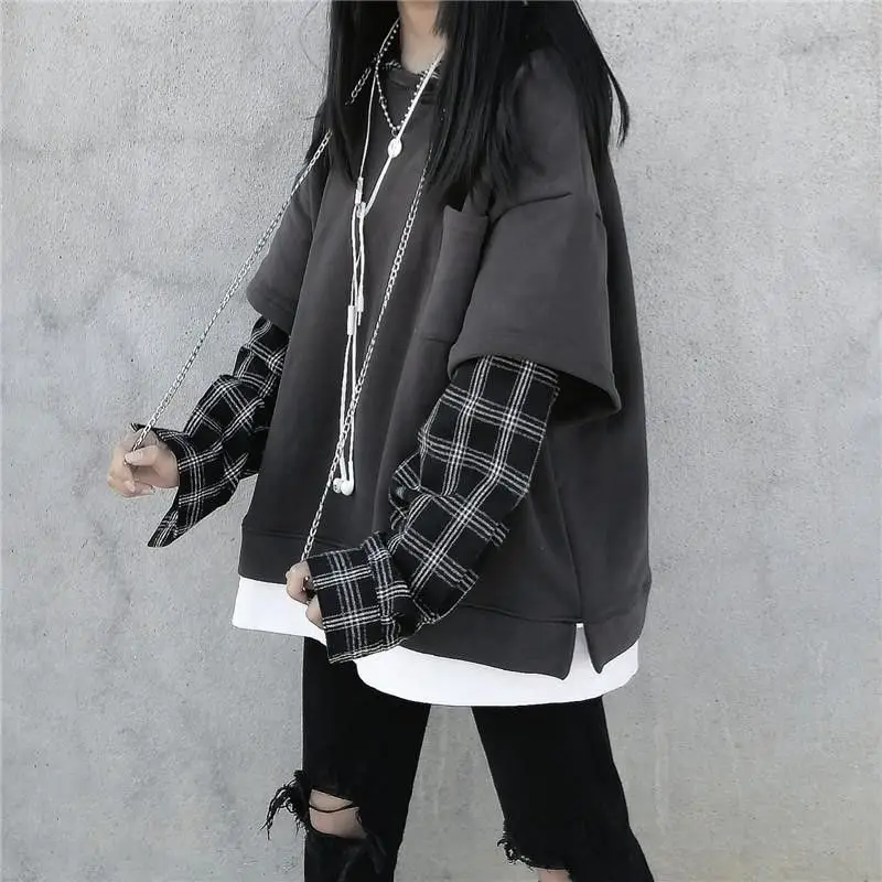 

Autumn American Preppy Style Spliced Fake Two Piece Y2k Harajuku Punk Constrast Color Office Lady Lazy Hoodies Vintage Clothes