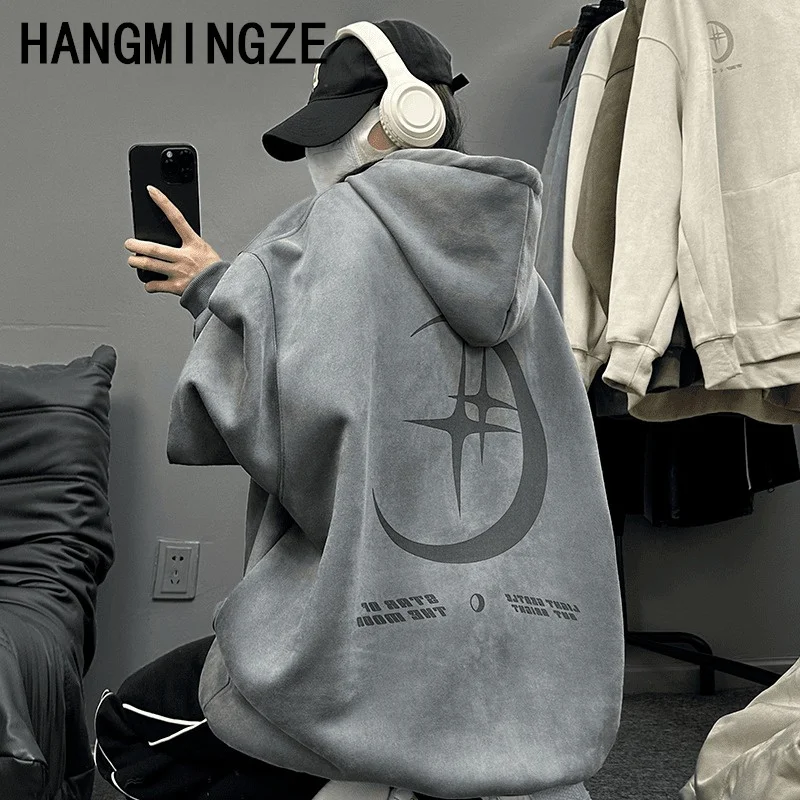 American High Street Suede Moon Sweatshirt For Men 2024 Autumn And Winter New Hoodie Trendy Brand Genderless Loose Casual Hoody