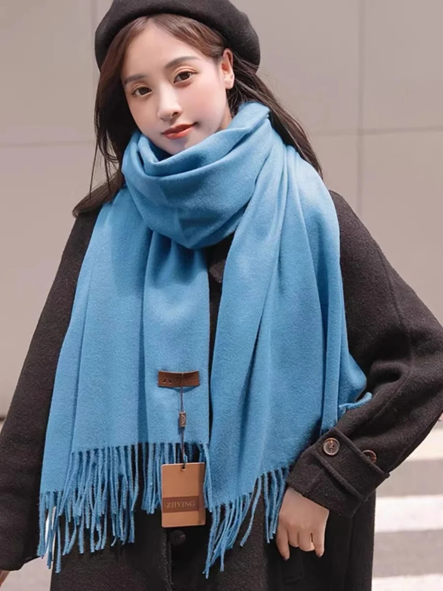 Women's Winter Long Woolen Scarf Thick Tassel Double-Sided  Color Versatile Neck Warmer Multi-Functional Korean Style