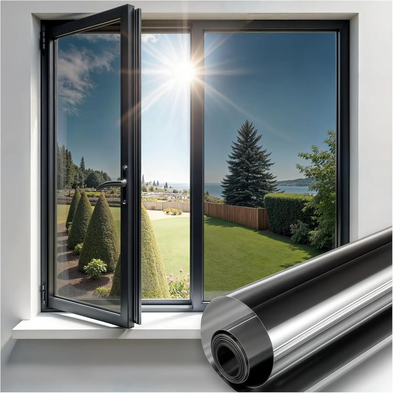 Ultradünne Schwarz-Silberne Einseitig Reflektierende Selbstklebende Fensterfolie mit UV-Schutz, Sichtschutz und Wärmeregulierung für Zuhause und Büro