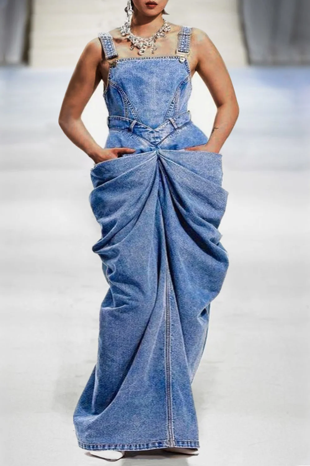 

Plus Size Summer Daily Dress Blue Bow Overalls Fold Maxi Dress Sleeveless Denim Long Dress for Women