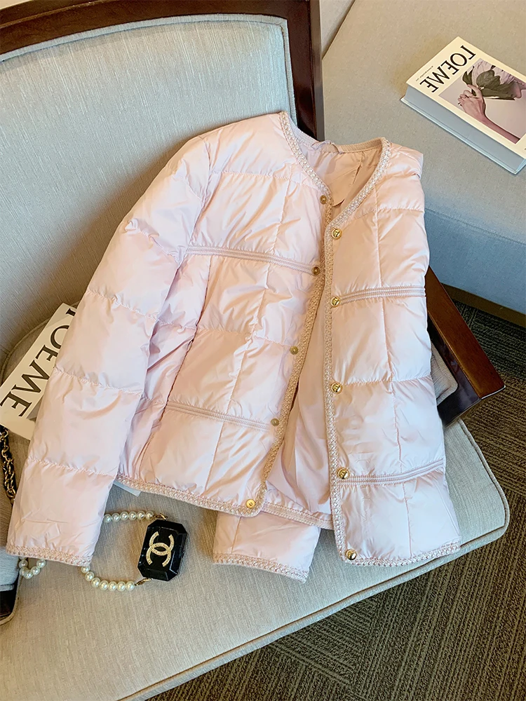 

Розовая куртка с ромбовидным узором из хлопка, женское пальто с круглым вырезом, универсальное, осенне-зимнее, модное, подходит для маленьких размеров