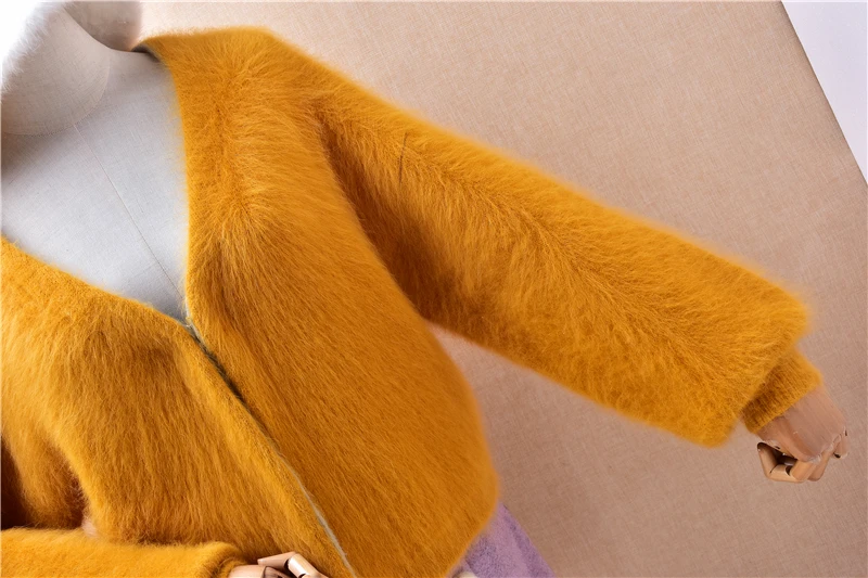 สุภาพสตรีผู้หญิงฤดูใบไม้ร่วงฤดูหนาวเสื้อผ้า Hairy Mink Cashmere ถักยาวโคมไฟแขน V คอหลวม Cardigans Mantle เสื้อกันหนาว Coat