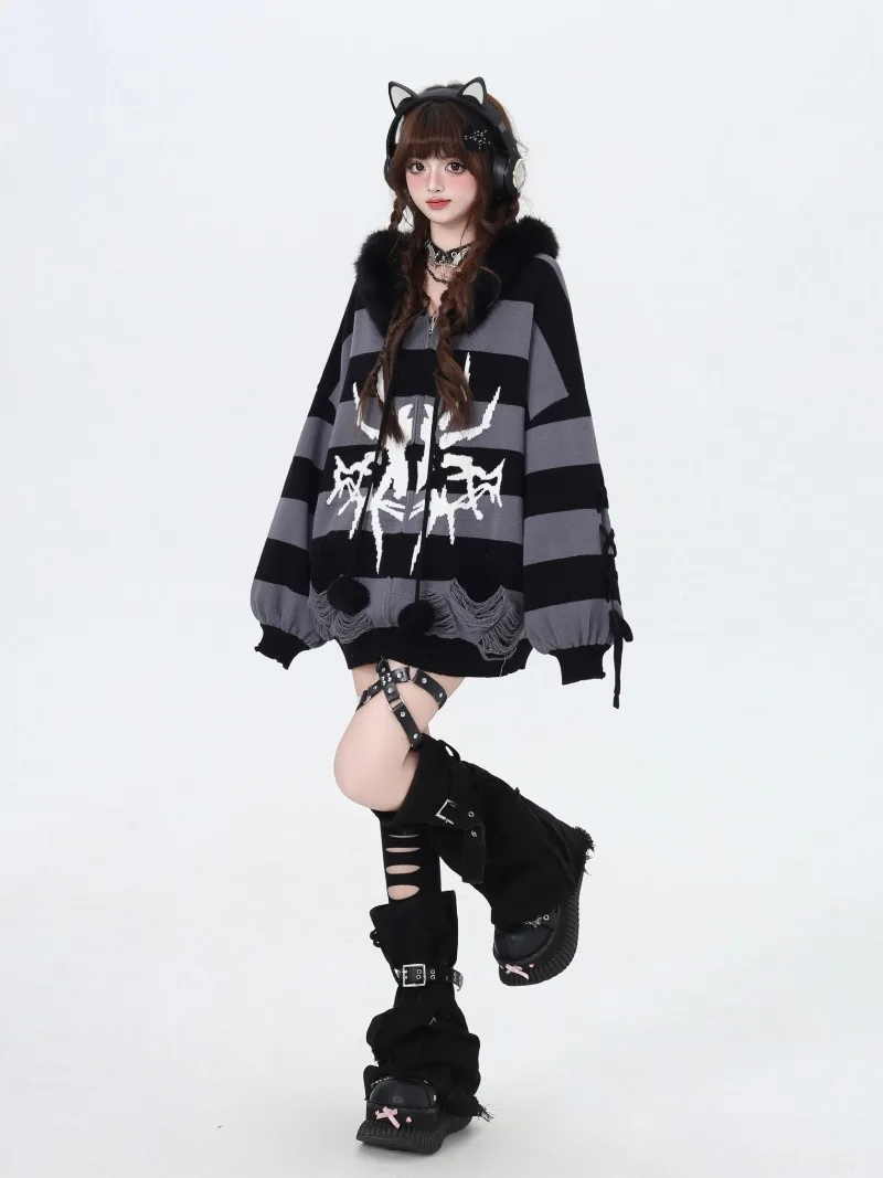 New Japanese Original Punk Striped Loose Versatile Lantern Sleeves Hooded Cardigan Sweater Winter Autumn Zipper Knitwear Female