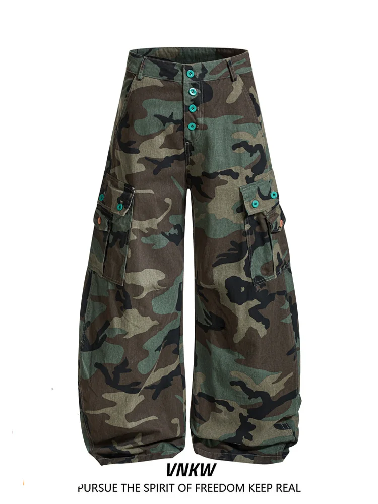 

American Button Design Camouflage Wide Leg Work Pants Men Women Casual Loose Straight Long Pants Youth Daily Wear Cotton 00%