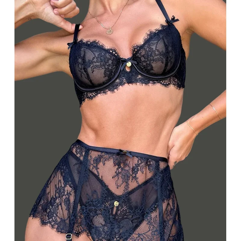 

Seductive Women's Lingerie Sets Sexy Eyelash Lace Bra Belt Thong 3PC Tempted Sheer Lace Dark Romance Golden Decor Kit