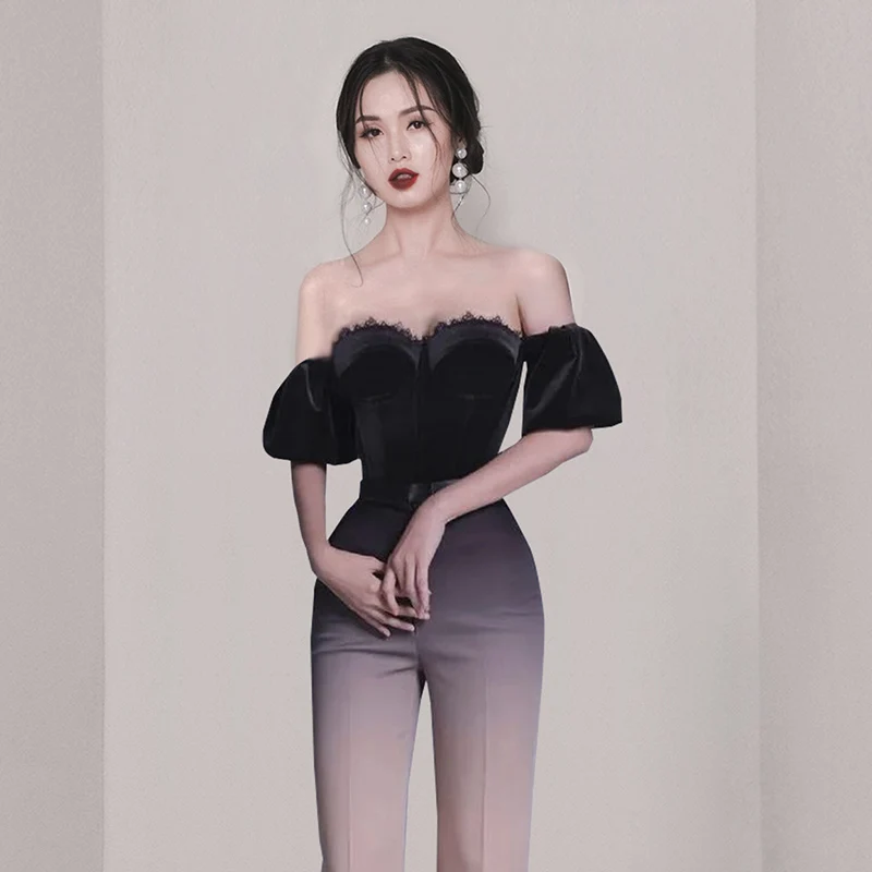 2024 Autumn 2 Piece Set Women Off Shoulder Puff Sleeve Sexy Backless Velvet Short Tops + High Waist Gradual Color Trousers Suit