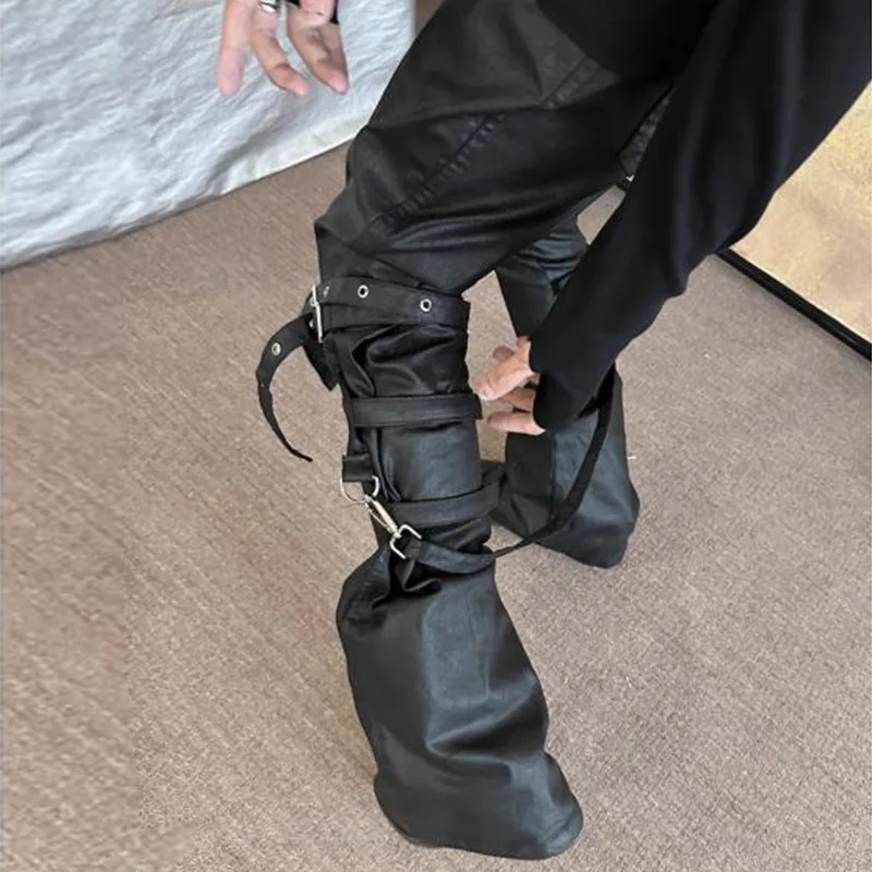 MWJLPWQ Vibe Lace-Up Tape Coated Denim Waxed Pants Men's Fashion Metal Buckle Flared Punk Style Trousers 2026 Autumn New 21485