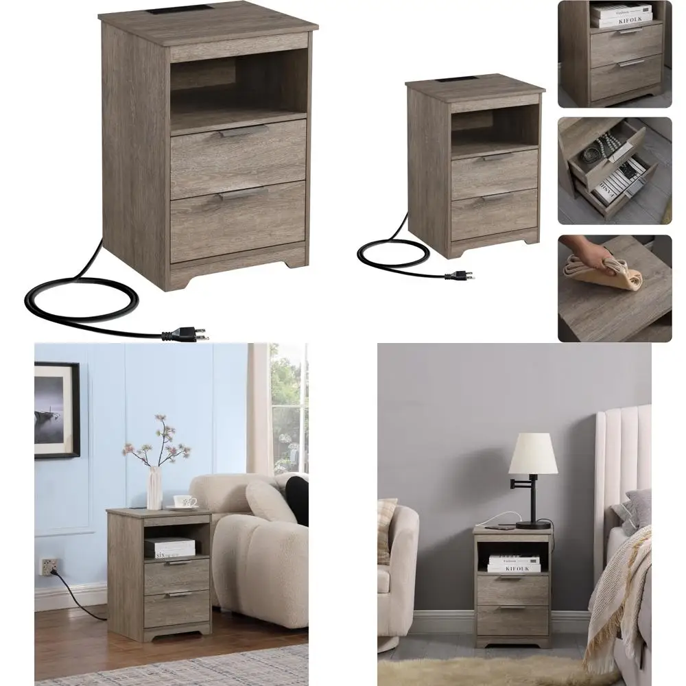 

bedroom side table with dual drawers and charging station