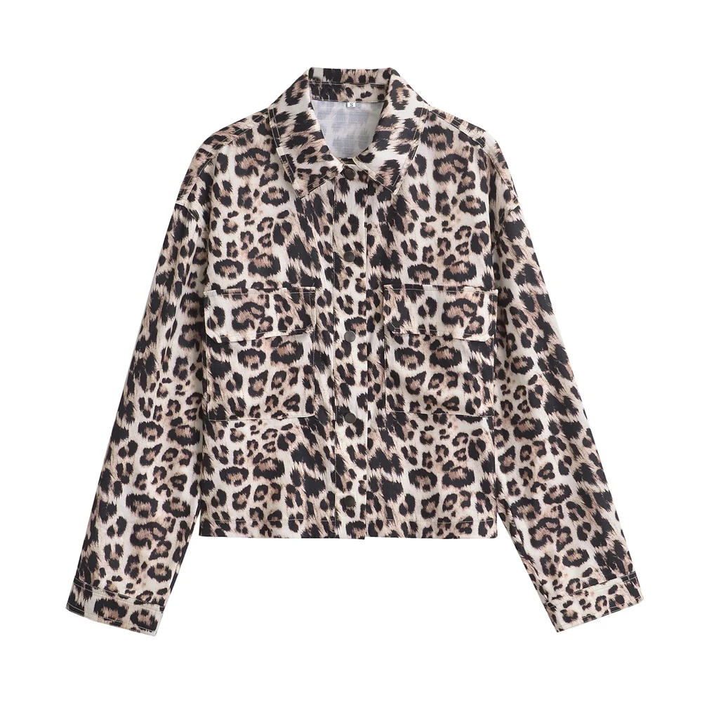 PB&ZA 2024 Early Autumn New Women\'s Fashion Single-Breasted Versatile Lapel Animal Print Jacket Long-Sleeved Shirt