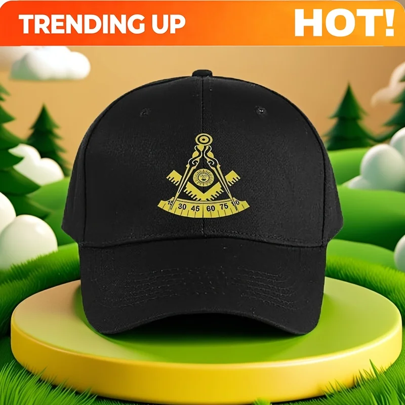 Men' Adjustable Freemason Emblem & Geometric Design Baseball Cap - Lightweight Polyester Masonic Emblematic Symbols