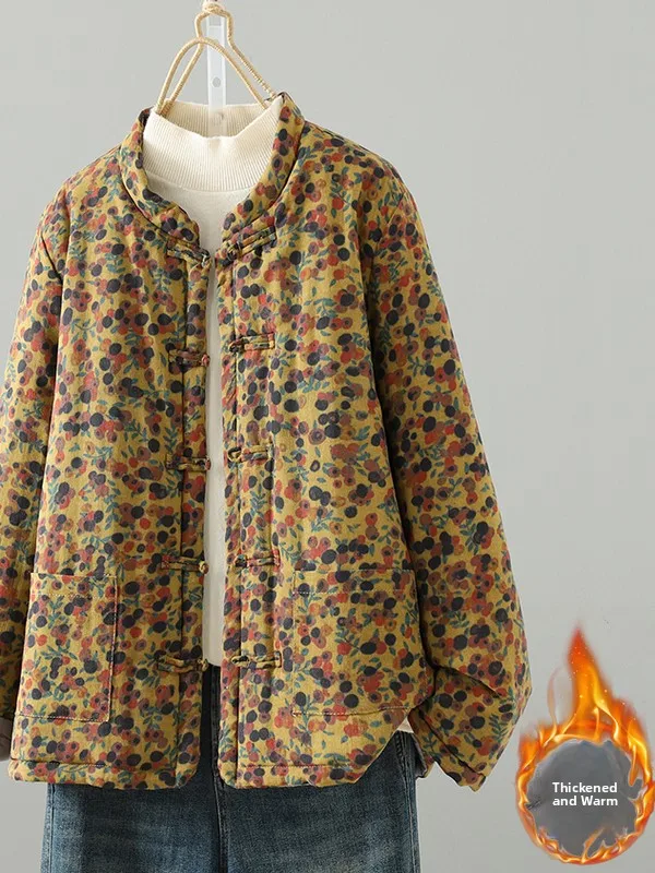 

Thiened Cotton Jaet Women's Winter Coat Printed Linen Cotton Top Wind Old Cloth Zen Sle Long Sve Stand Collar Coat
