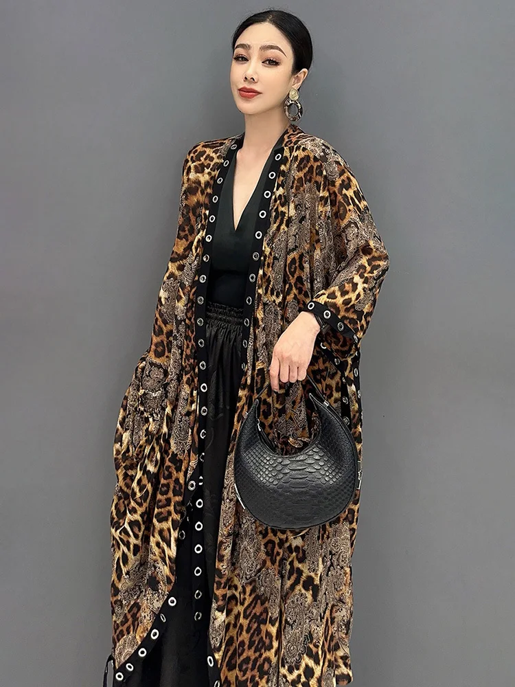 SHENGPALAE Leopard Print Long Sleeved Long Coat 2024 Summer New Trendy Casual Fashion Loose Beautiful Women\'s Overcoat 5C1330