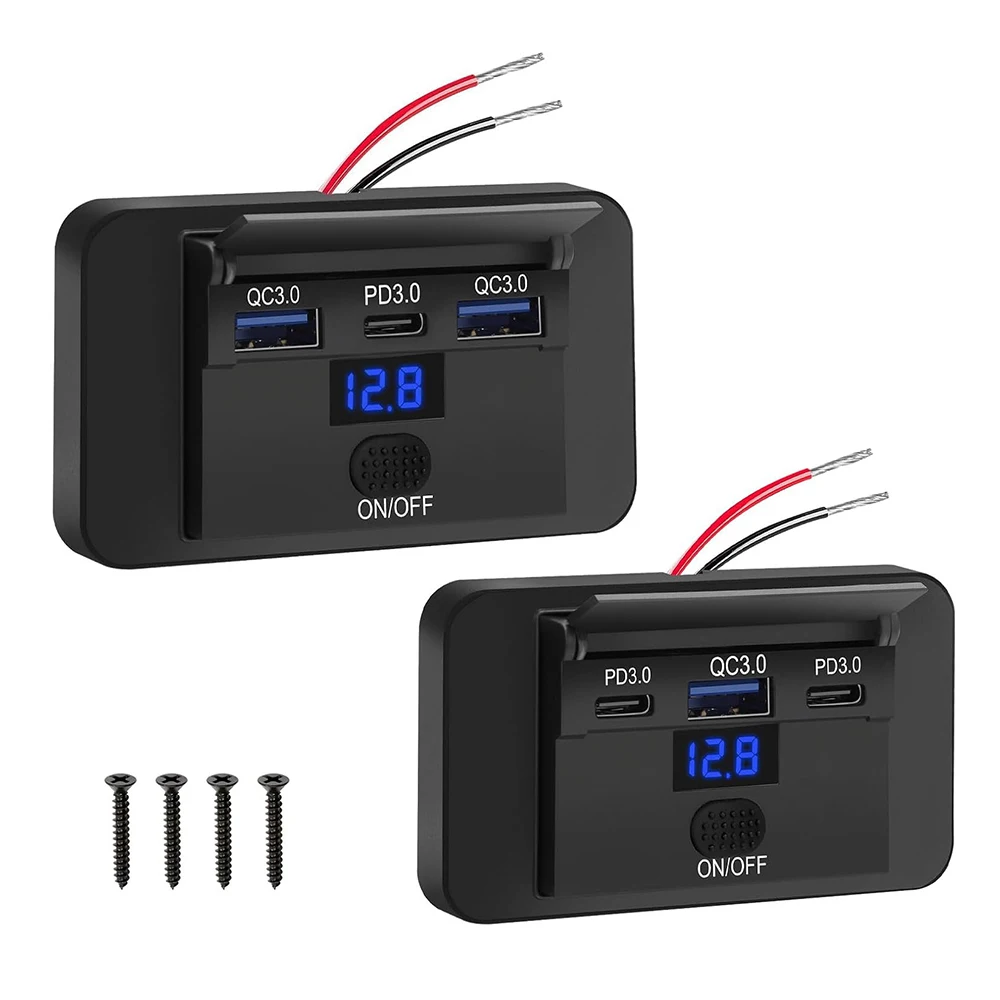 12V USB-Steckdose, 36W PD3.0 & 18W QC USB-A-Anschlüsse, Auto-Ladeanschluss-Panel mit Schalter & Voltmeter für 12-24V Wohnmobil Boot LKW