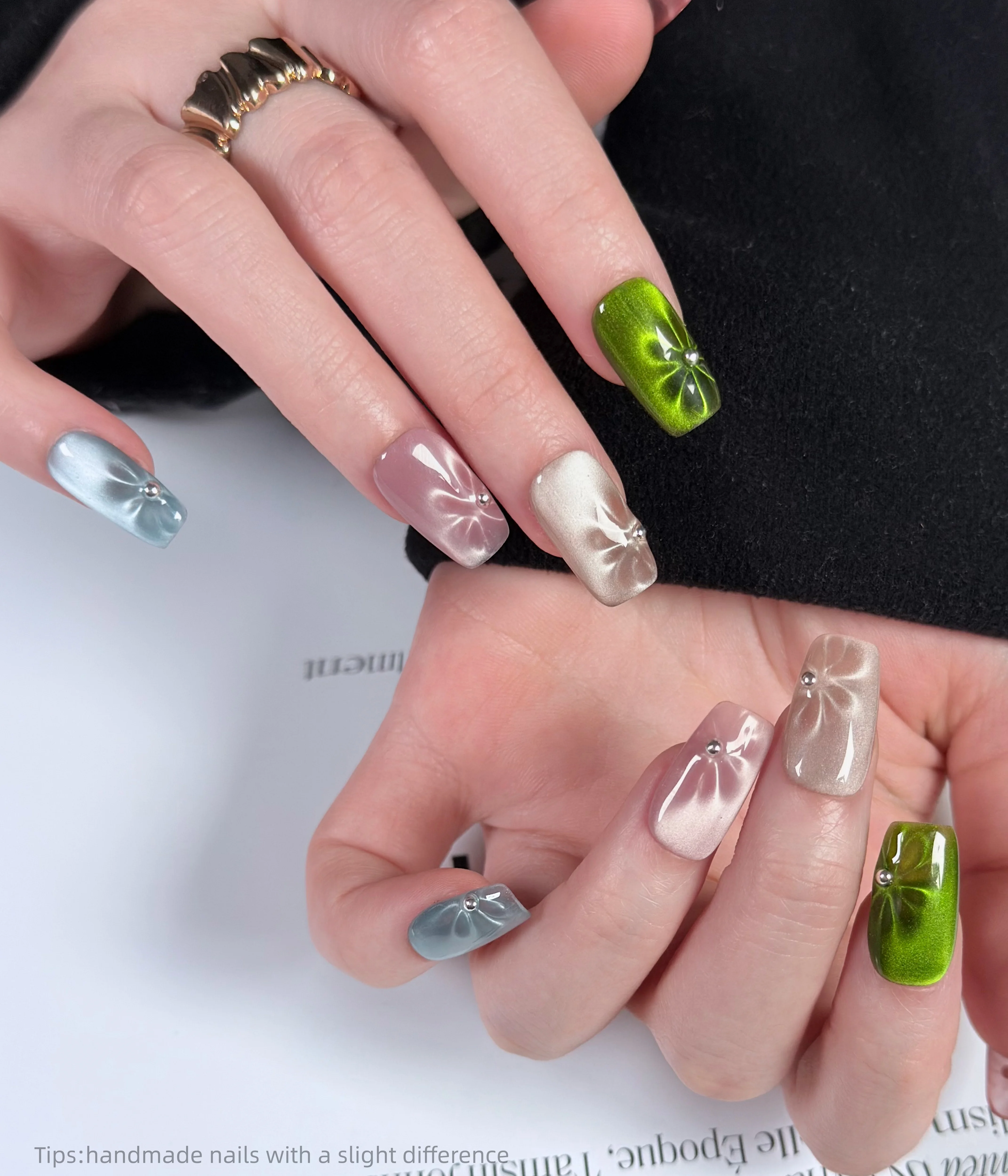 10 pçs feminino colorido imprensa em unhas olho de gato unhas falsas artesanal flor unhas para diy manicure festa de casamento vestindo