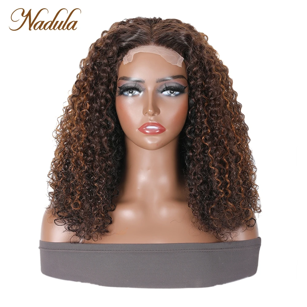 Nadula Dark Brown Curly Human Hair Wig With Highlights 4x1 T Part Lace Closure Wig Pre Plucked Brown Copper Red Color Wig