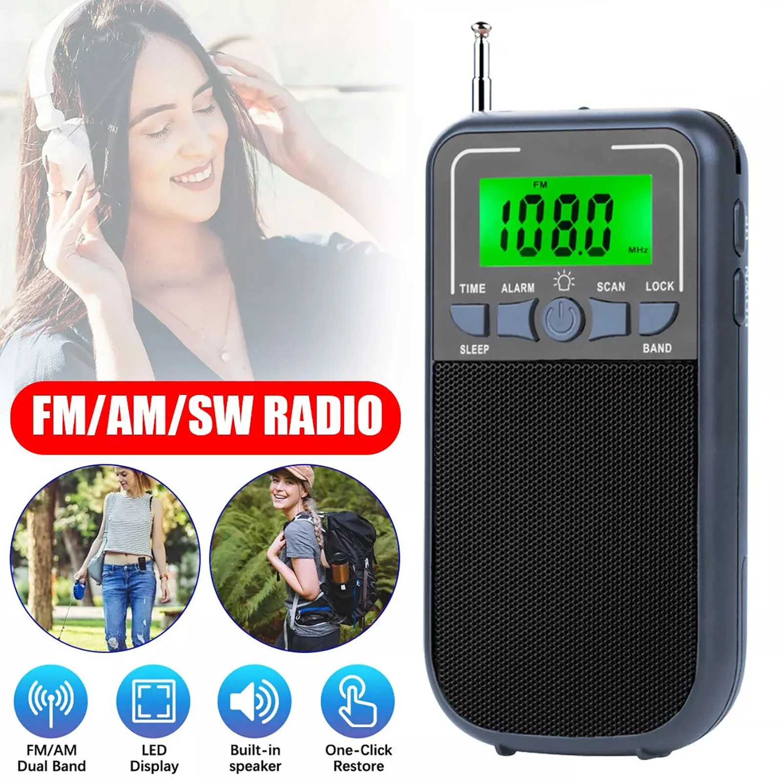 LED Display Radio FM AM SW Full Band Flashlight 3.5mm Headphone Jack Stereo Speaker, Hand Strap Compact Outdoor Emergency Radio
