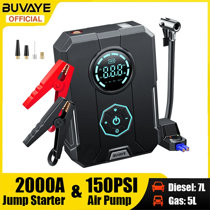 BUVAYE Car Jump Starter Air Compressor With Power Bank Portable Electric Pump Auto Battery Booster 12V Jump Box With Flashlight