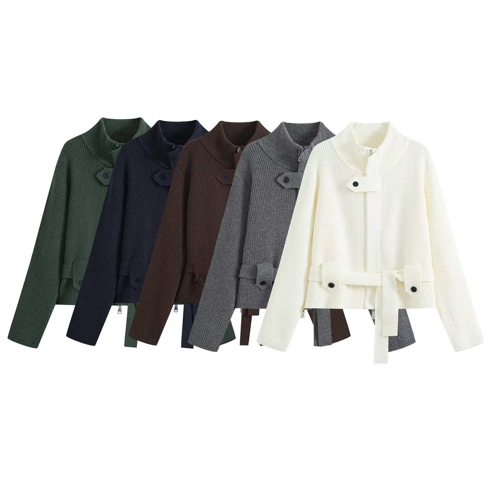 ZERAINS Autumn New Women's Fashion European and American Style Versatile Design Half High Collar Zipper Knitted Cardigan