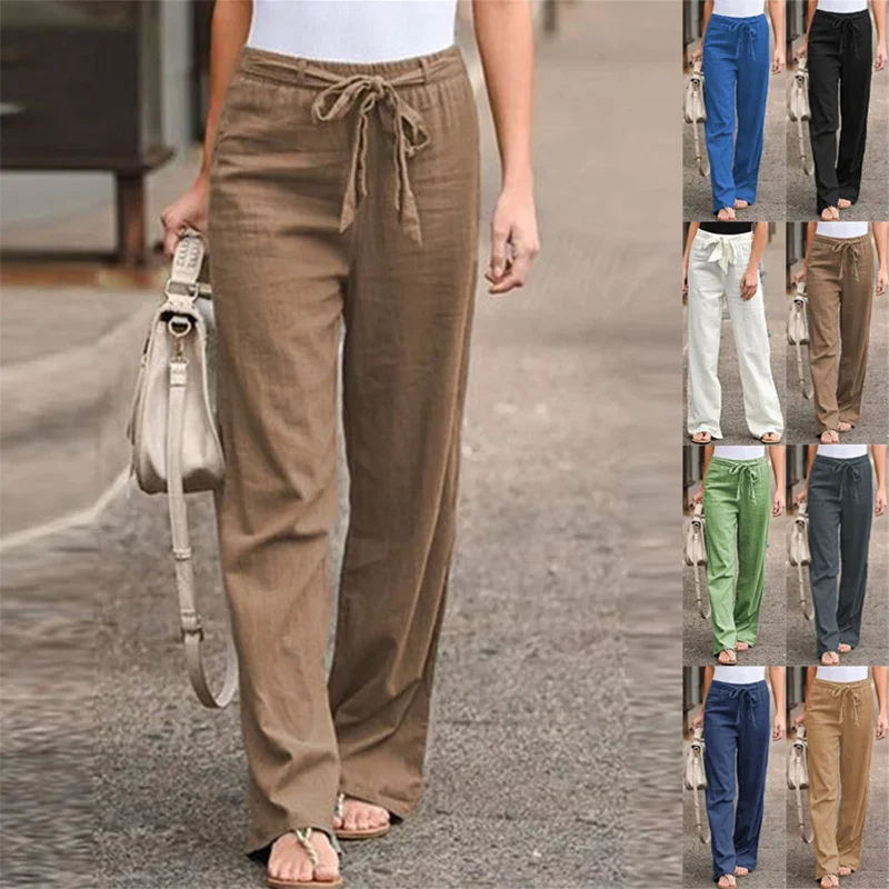 

2025 New Fashion Women's Summer Casual Solid Color Elastic Waist Pure Cotton Hemp Strap Bandage Long Loose Pants