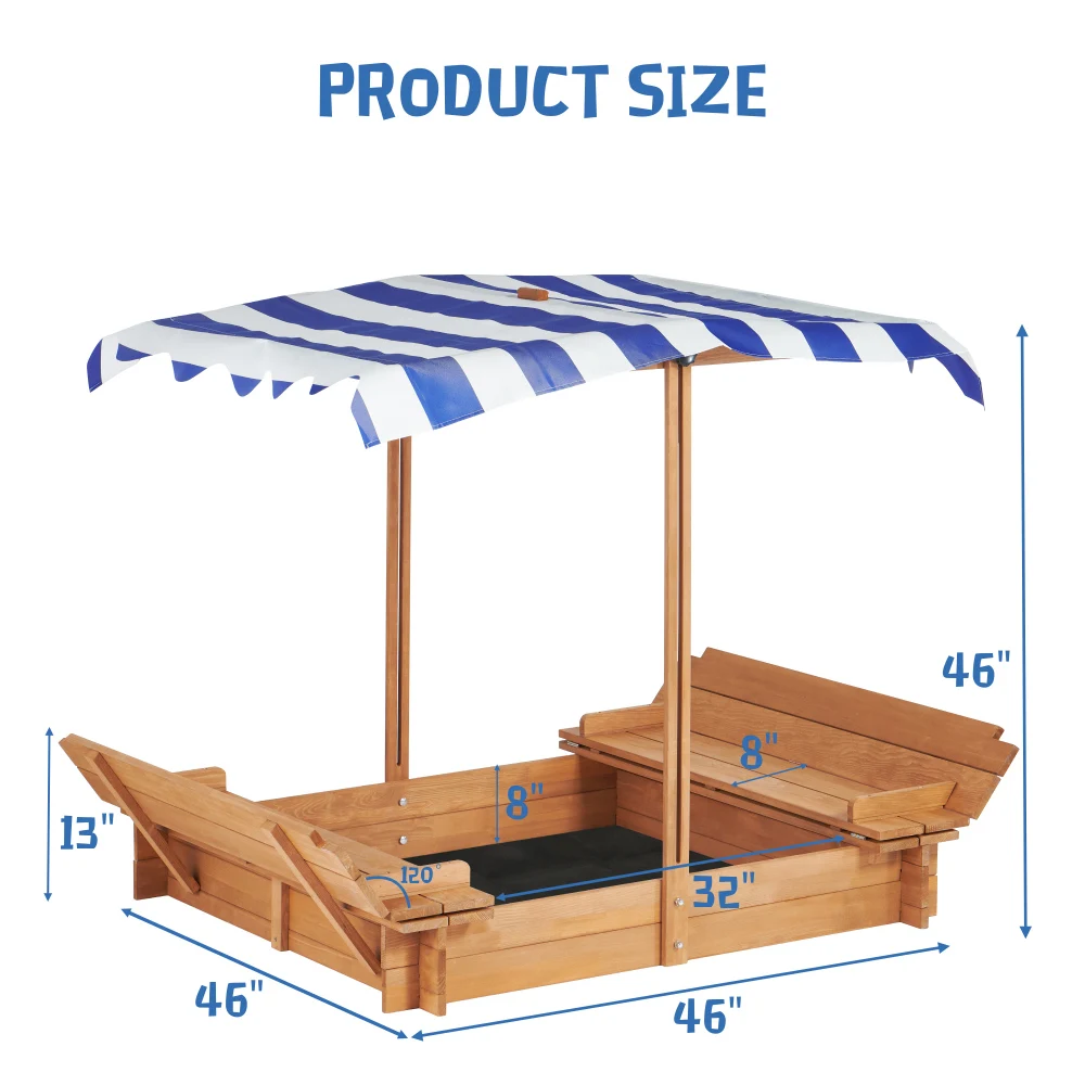 Piaskownica dla dzieci z regulowaną pokrywą, 46-calowy drewniany pojemnik na piasek z 2 składanymi siedziskami ławki, piaskownica na zewnątrz do zabawy na podwórku