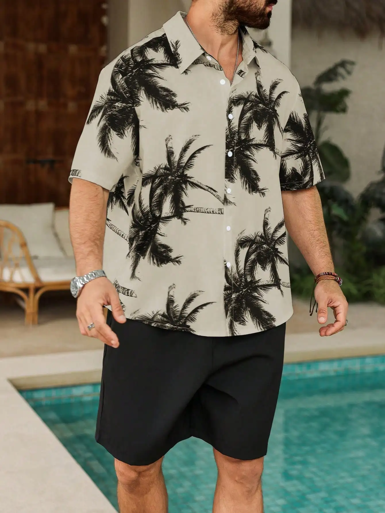 

Men's Tropical Palm Tree Print Short Sleeve Casual Hawaiian Shirt And Shorts Set
