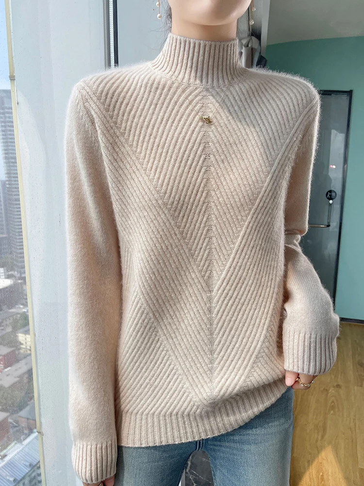 

New Fashion Autumn Winter Women 100% Merino Wool Sweater Mock Neck Striped Knitted Pullover Casual Classic Cashmere Clothing Top