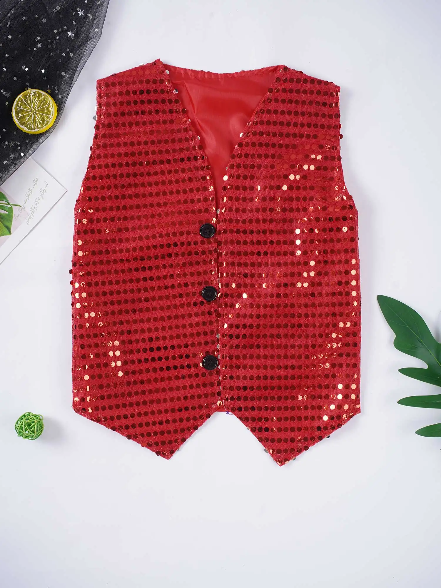 Girls Boys Sequins Moden Jazz Hip hop Street Dance Costume Outfits Sleeveless Vest Tops Waistcoat with Hat Bowtie Necktie Set