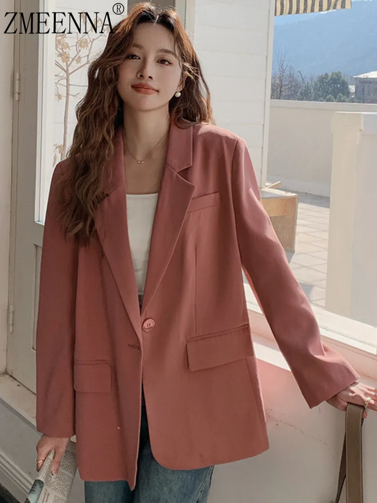 

ZMEENNA Women's Stylish Oversized Blazer Pink With Notched Lapel Single Button Closure And Casual Outerwear ZM4152