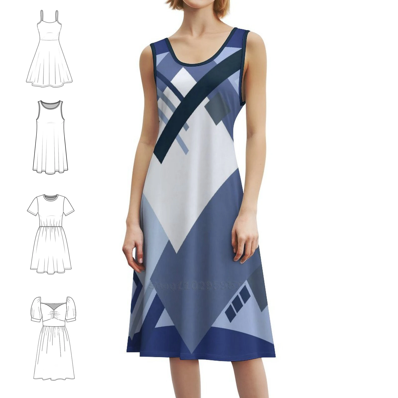 توضيح هندسي 6 فستان بوهيمي عتيق بأكمام منتفخة أو خيارات بدون أكمام للنساء فستان رسم هندسي تجريدي